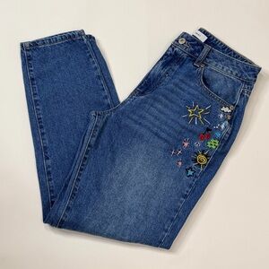 Straight Leg Jeans Colorful Embroidered Doodle Art 90s Style High Waisted Denim